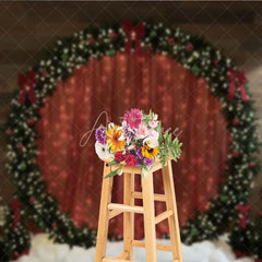 Aperturee - Aperturee Red Curtain Christmas Backdrop Round Wreath Arch Photography Background Winter Snow Floor Holiday Party Decoration