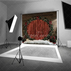 Aperturee - Aperturee Red Curtain Christmas Backdrop Round Wreath Arch Photography Background Winter Snow Floor Holiday Party Decoration