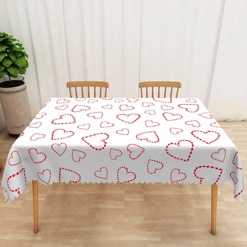Aperturee - Aperturee Red Dotted Heart Rectangle Tablecloth Minimalist Love Shape Table Cover Simple Valentine Day Home Decor