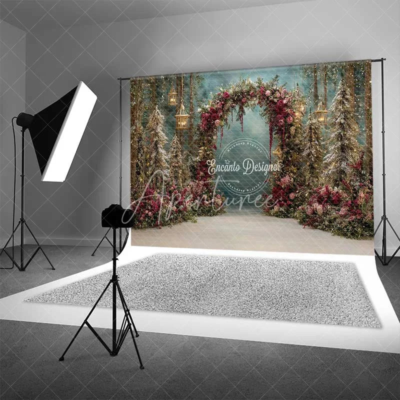 Aperturee - Aperturee Red Floral Forest Arch Backdrop Hanging Lantern Winter Snow Photography Background