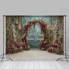 Aperturee - Aperturee Red Floral Forest Arch Backdrop Hanging Lantern Winter Snow Photography Background