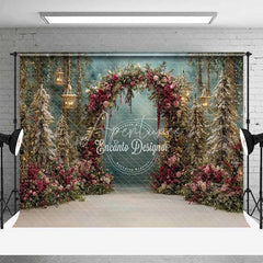 Aperturee - Aperturee Red Floral Forest Arch Backdrop Hanging Lantern Winter Snow Photography Background