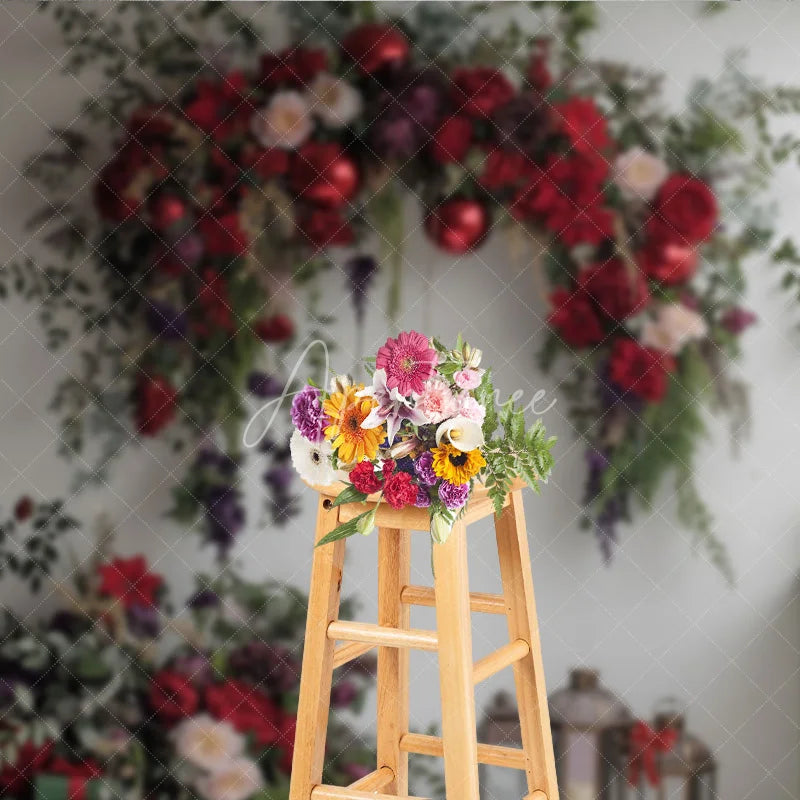 Aperturee - Aperturee Red Floral Valentine Backdrop Elegant Flower Arch Lantern Photography Background Romantic Wedding Anniversary