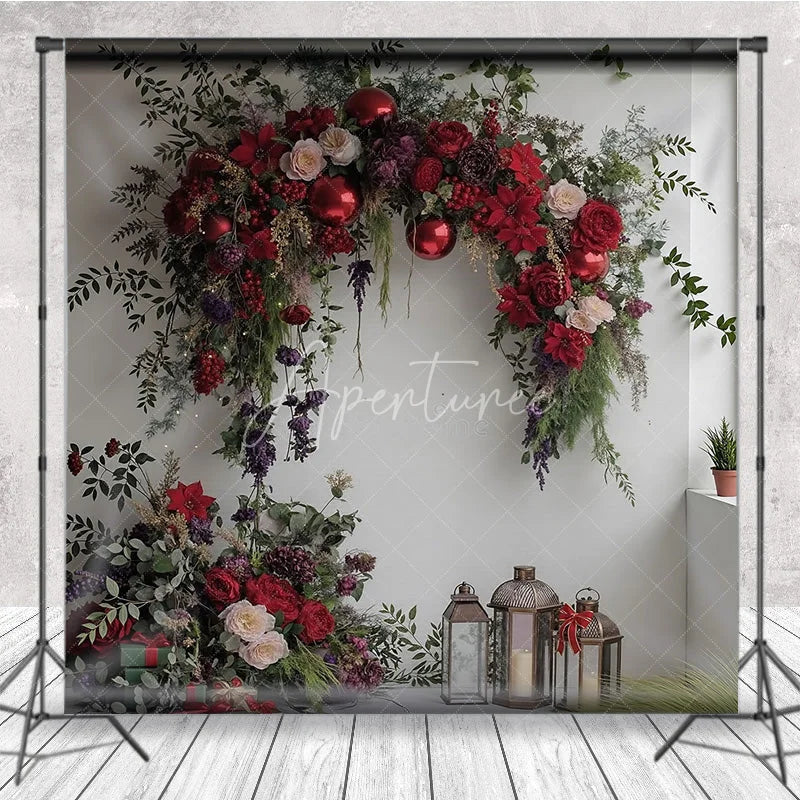 Aperturee - Aperturee Red Floral Valentine Backdrop Elegant Flower Arch Lantern Photography Background Romantic Wedding Anniversary