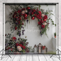 Aperturee - Aperturee Red Floral Valentine Backdrop Elegant Flower Arch Lantern Photography Background Romantic Wedding Anniversary
