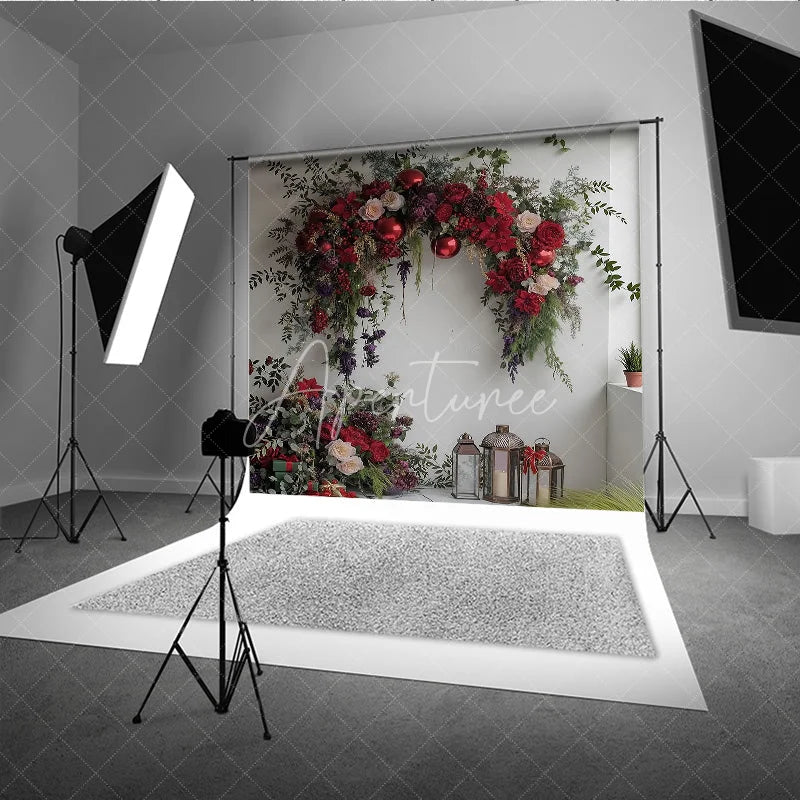Aperturee - Aperturee Red Floral Valentine Backdrop Elegant Flower Arch Lantern Photography Background Romantic Wedding Anniversary