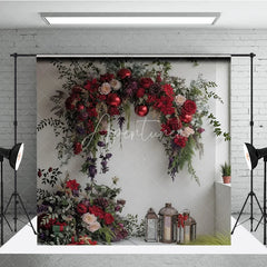 Aperturee - Aperturee Red Floral Valentine Backdrop Elegant Flower Arch Lantern Photography Background Romantic Wedding Anniversary