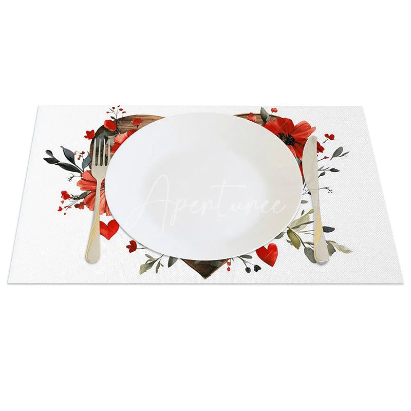 Aperturee - Aperturee Red Floral Wooden Heart Set of 4 Placemats Rustic Love Valentine Decoration Farmhouse Bloom Table Mat