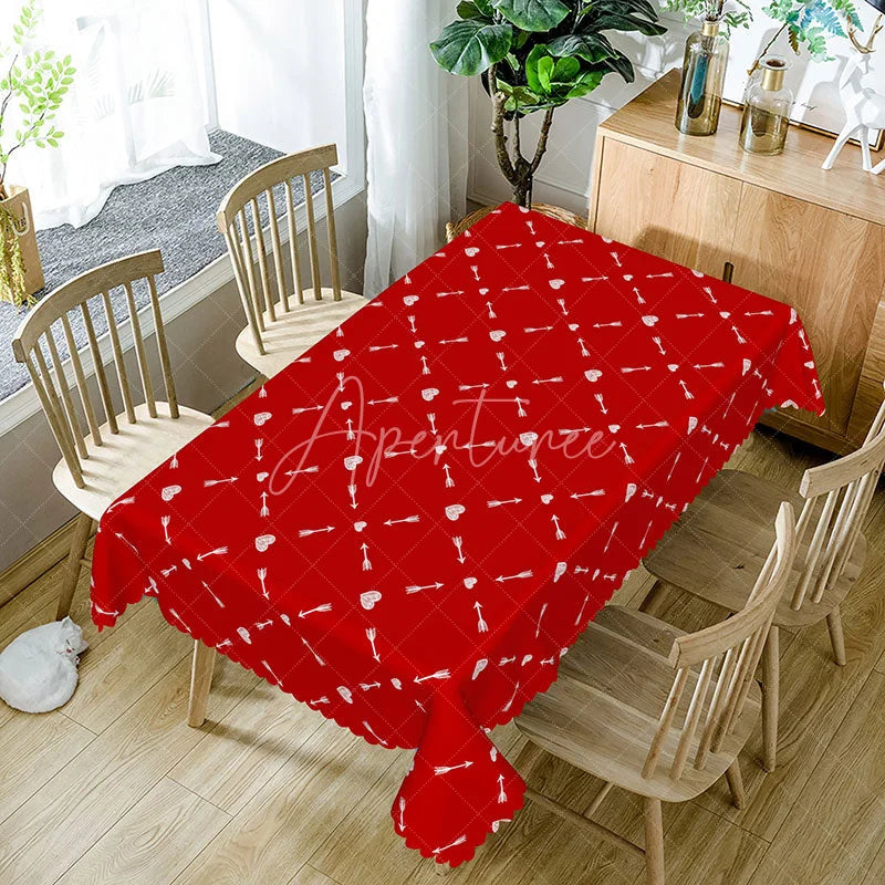 Aperturee - Aperturee Red Geometric Arrow Heart Rectangle Tablecloth White Diamond Grid Pattern Modern Valentine Home Decor