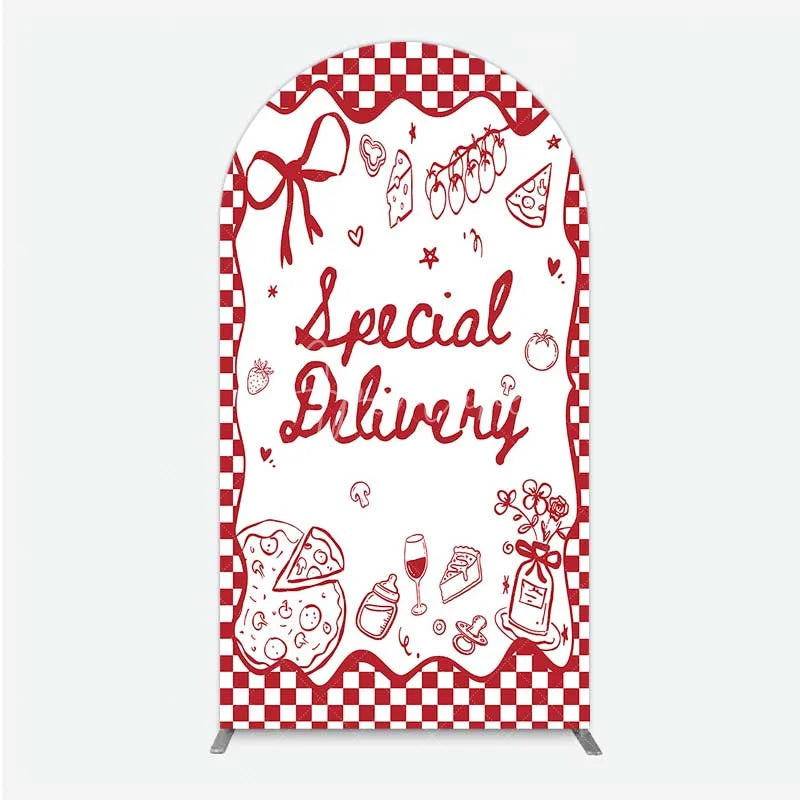 Aperturee - Aperturee Red Gingham Special Delivery Arch Backdrop Pizza Baby Bottle and Cake Slice for Baby Shower Party