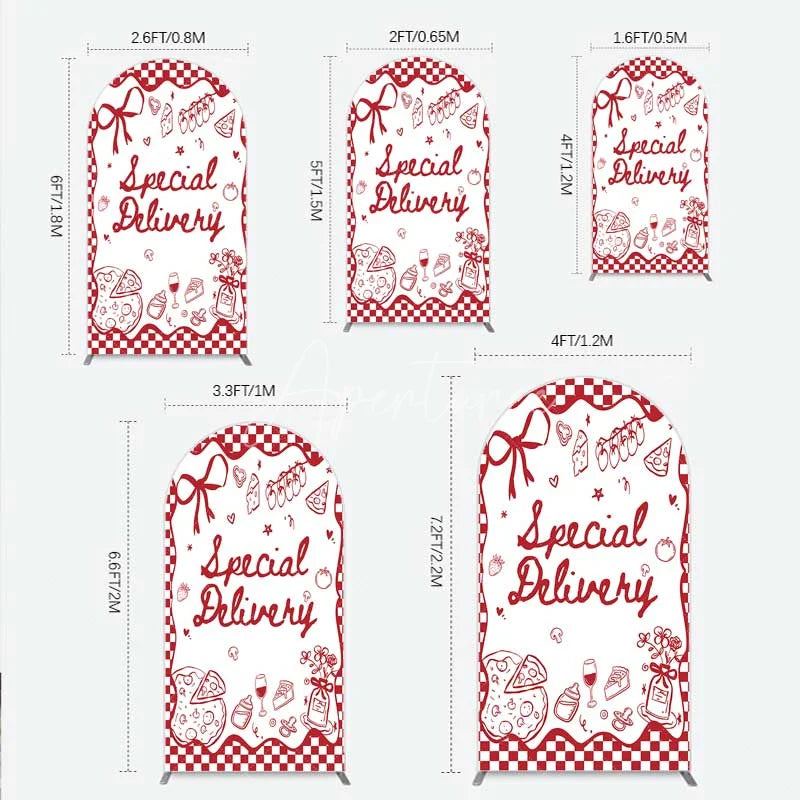 Aperturee - Aperturee Red Gingham Special Delivery Arch Backdrop Pizza Baby Bottle and Cake Slice for Baby Shower Party