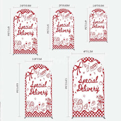 Aperturee - Aperturee Red Gingham Special Delivery Arch Backdrop Pizza Baby Bottle and Cake Slice for Baby Shower Party