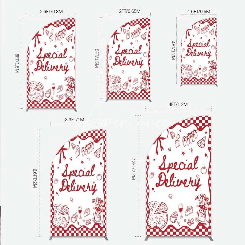 Aperturee - Aperturee Red Gingham Special Delivery Half Moon Arch Backdrop Pizza Baby Bottle and Cake Slice for Baby Shower Party