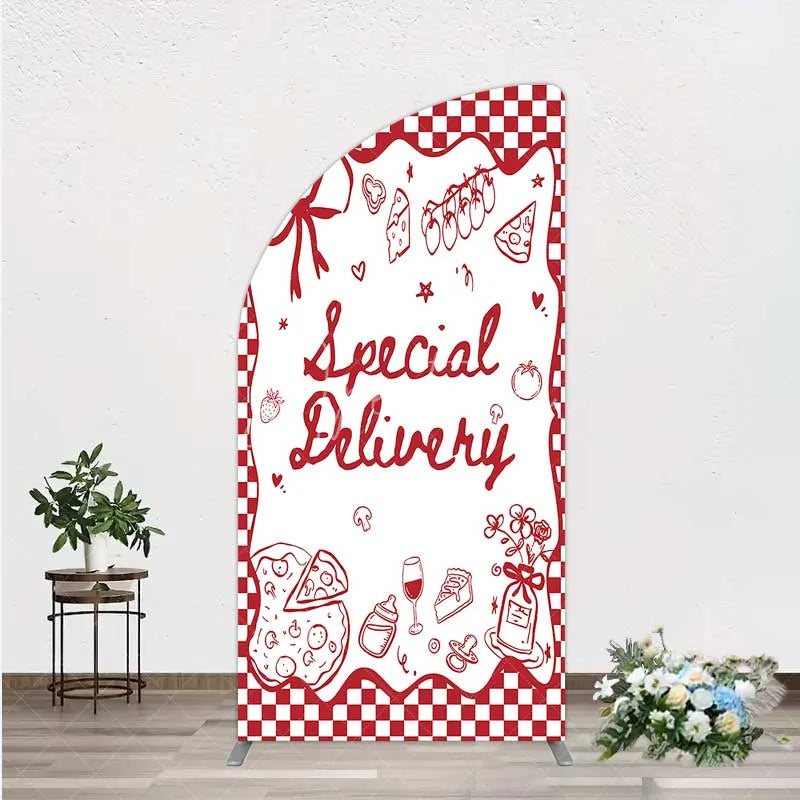Aperturee - Aperturee Red Gingham Special Delivery Half Moon Arch Backdrop Pizza Baby Bottle and Cake Slice for Baby Shower Party