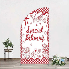 Aperturee - Aperturee Red Gingham Special Delivery Half Moon Arch Backdrop Pizza Baby Bottle and Cake Slice for Baby Shower Party