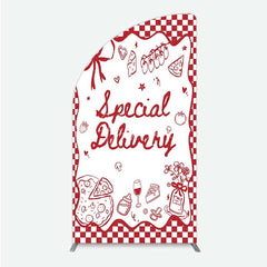 Aperturee - Aperturee Red Gingham Special Delivery Half Moon Arch Backdrop Pizza Baby Bottle and Cake Slice for Baby Shower Party