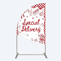 Aperturee - Aperturee Red Gingham Special Delivery Half Moon Arch Backdrop Pizza Baby Bottle and Cake Slice for Baby Shower Party