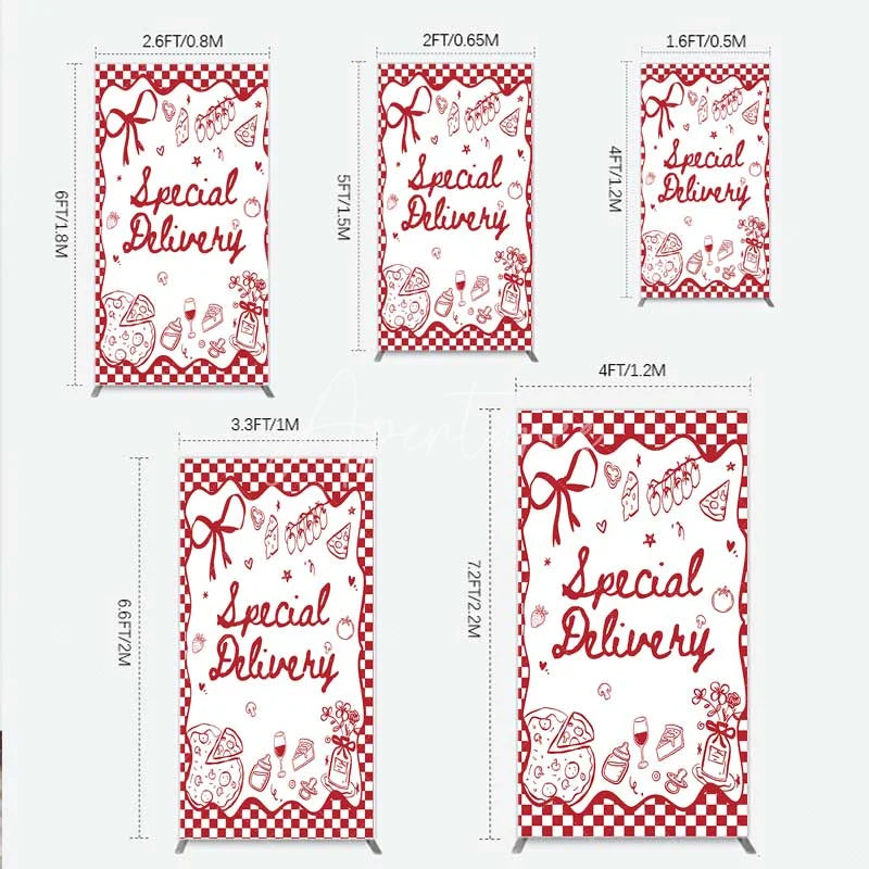 Aperturee - Aperturee Red Gingham Special Delivery Rectangle Backdrop Pizza Baby Bottle and Cake Slice for Baby Shower Party