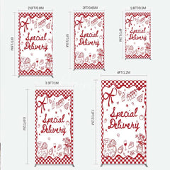 Aperturee - Aperturee Red Gingham Special Delivery Rectangle Backdrop Pizza Baby Bottle and Cake Slice for Baby Shower Party