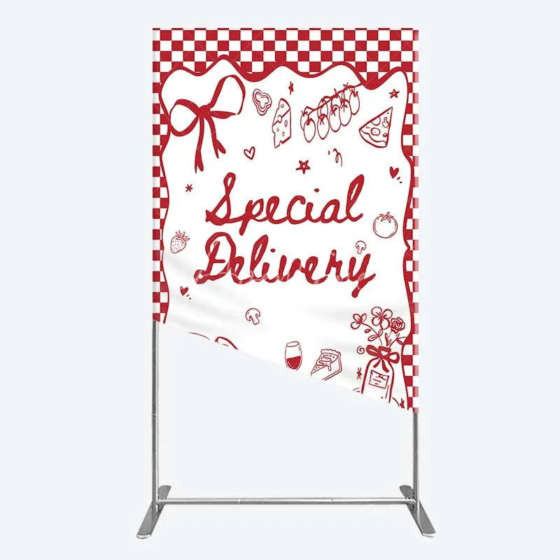 Aperturee - Aperturee Red Gingham Special Delivery Rectangle Backdrop Pizza Baby Bottle and Cake Slice for Baby Shower Party