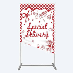 Aperturee - Aperturee Red Gingham Special Delivery Rectangle Backdrop Pizza Baby Bottle and Cake Slice for Baby Shower Party