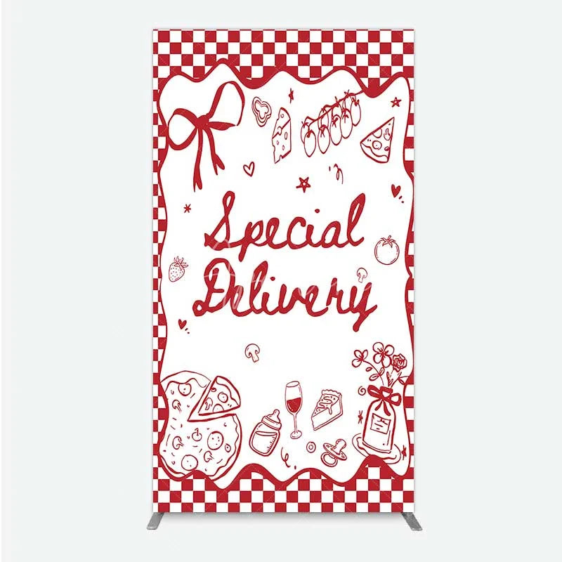 Aperturee - Aperturee Red Gingham Special Delivery Rectangle Backdrop Pizza Baby Bottle and Cake Slice for Baby Shower Party