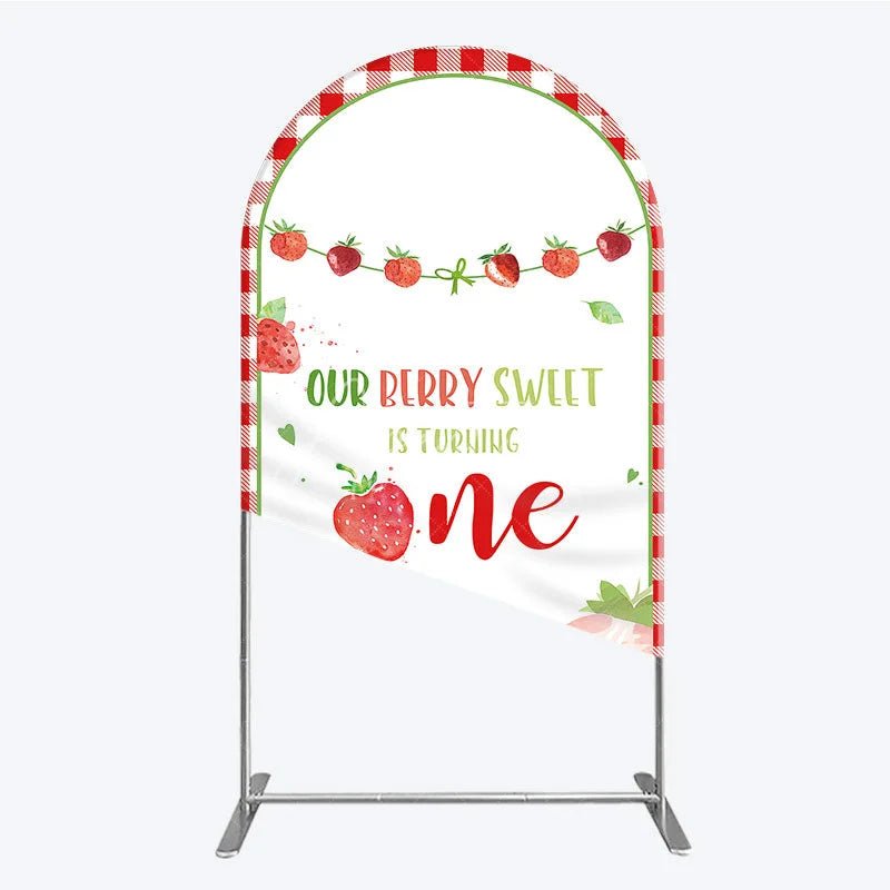 Aperturee - Aperturee Red Gingham Strawberry Berry Sweet is Turning One Arch Backdrop Kit First Birthday Party Decor