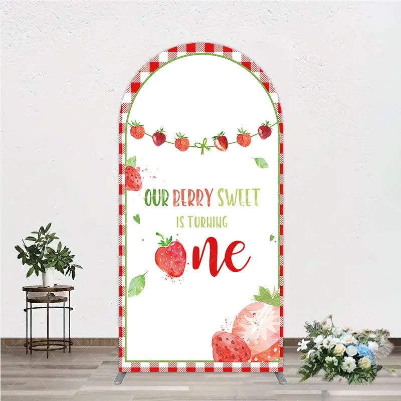 Aperturee - Aperturee Red Gingham Strawberry Berry Sweet is Turning One Arch Backdrop Kit First Birthday Party Decor