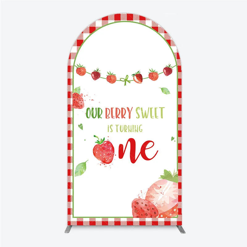 Aperturee - Aperturee Red Gingham Strawberry Berry Sweet is Turning One Arch Backdrop Kit First Birthday Party Decor
