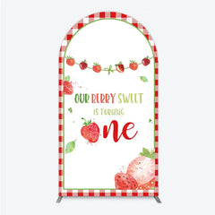Aperturee - Aperturee Red Gingham Strawberry Berry Sweet is Turning One Arch Backdrop Kit First Birthday Party Decor