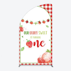 Aperturee - Aperturee Red Gingham Strawberry Berry Sweet is Turning One Half Moon Arch Backdrop Kit First Birthday Party Decor