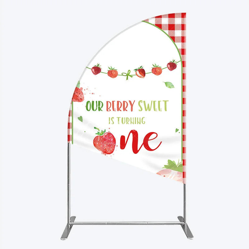 Aperturee - Aperturee Red Gingham Strawberry Berry Sweet is Turning One Half Moon Arch Backdrop Kit First Birthday Party Decor
