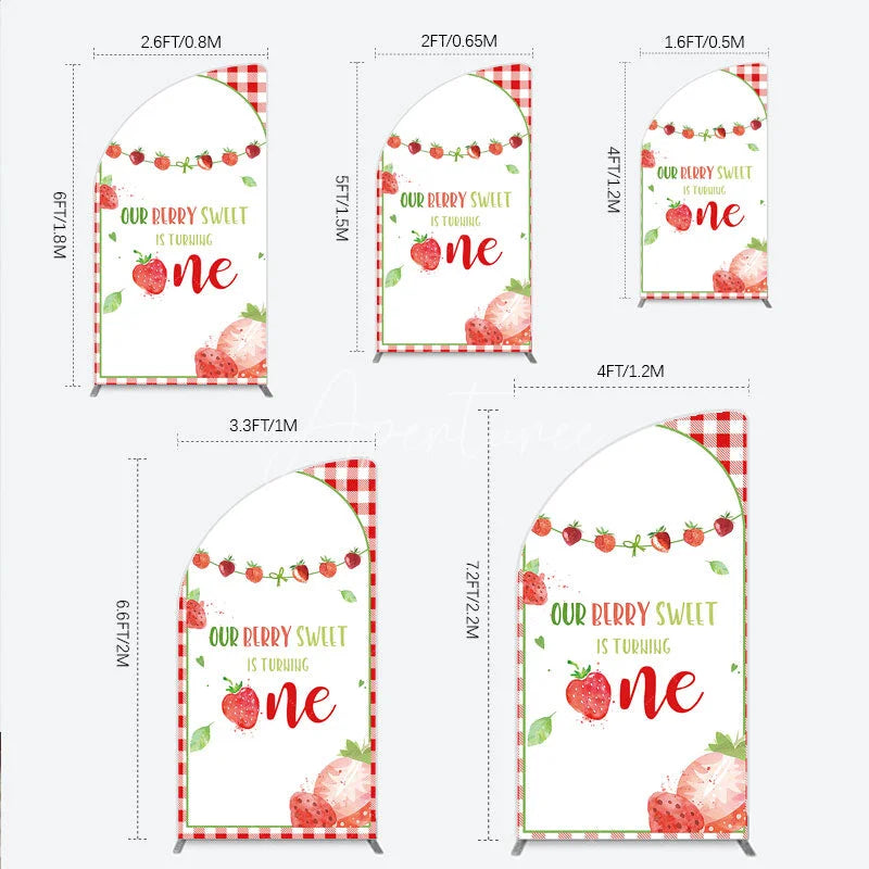 Aperturee - Aperturee Red Gingham Strawberry Berry Sweet is Turning One Half Moon Arch Backdrop Kit First Birthday Party Decor