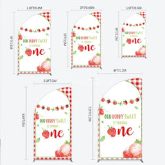 Aperturee - Aperturee Red Gingham Strawberry Berry Sweet is Turning One Half Moon Arch Backdrop Kit First Birthday Party Decor