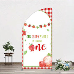 Aperturee - Aperturee Red Gingham Strawberry Berry Sweet is Turning One Half Moon Arch Backdrop Kit First Birthday Party Decor