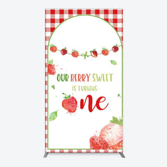 Aperturee - Aperturee Red Gingham Strawberry Berry Sweet is Turning One Rectangle Backdrop Kit First Birthday Party Decor