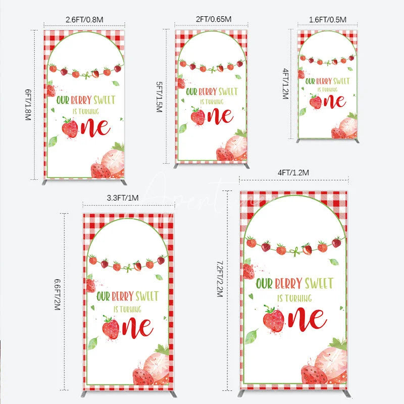 Aperturee - Aperturee Red Gingham Strawberry Berry Sweet is Turning One Rectangle Backdrop Kit First Birthday Party Decor