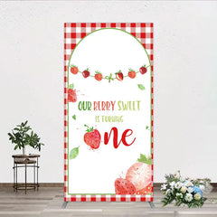 Aperturee - Aperturee Red Gingham Strawberry Berry Sweet is Turning One Rectangle Backdrop Kit First Birthday Party Decor
