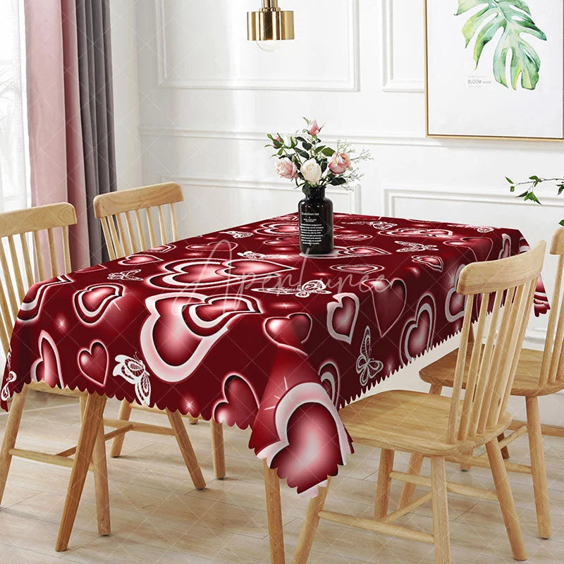 Aperturee - Aperturee Red Glowing Heart Butterfly Rectangle Tablecloth Neon Light Love Pattern Romantic Valentine Kitchen Decor