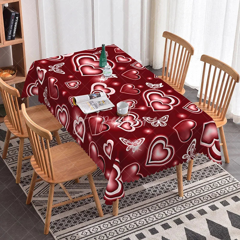 Aperturee - Aperturee Red Glowing Heart Butterfly Rectangle Tablecloth Neon Light Love Pattern Romantic Valentine Kitchen Decor