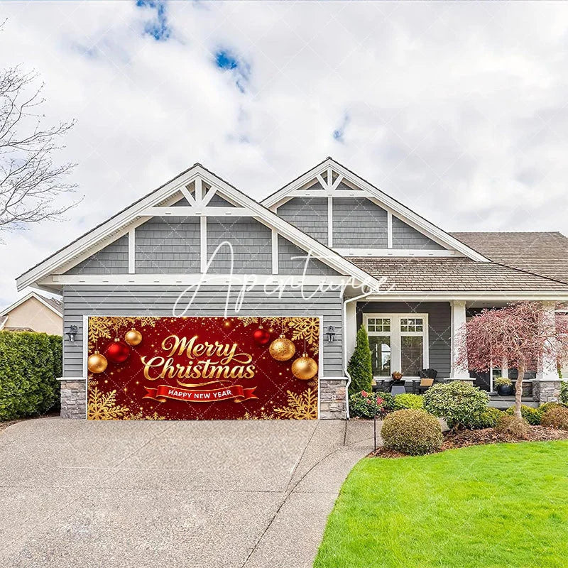 Aperturee - Aperturee Red Gold Glitter Merry Christmas Happy New Year Garage Door Banner Snowflake Ornament Holiday Decor