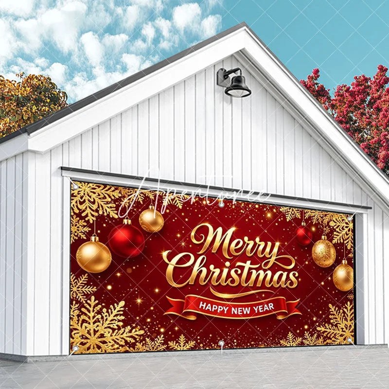 Aperturee - Aperturee Red Gold Glitter Merry Christmas Happy New Year Garage Door Banner Snowflake Ornament Holiday Decor
