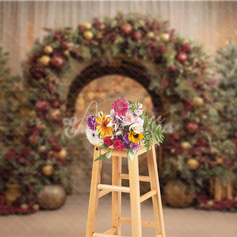 Aperturee - Aperturee Red Gold Ornament Arch Backdrop Luxury Curtain Christmas Tree Photography Background