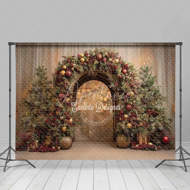 Aperturee - Aperturee Red Gold Ornament Arch Backdrop Luxury Curtain Christmas Tree Photography Background