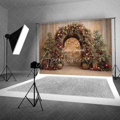 Aperturee - Aperturee Red Gold Ornament Arch Backdrop Luxury Curtain Christmas Tree Photography Background