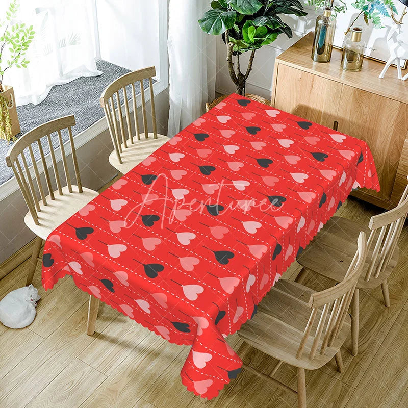 Aperturee - Aperturee Red Heart Balloon String Rectangle Tablecloth Cute Dotted Line Pattern Romantic Valentine Date Night Home Decor