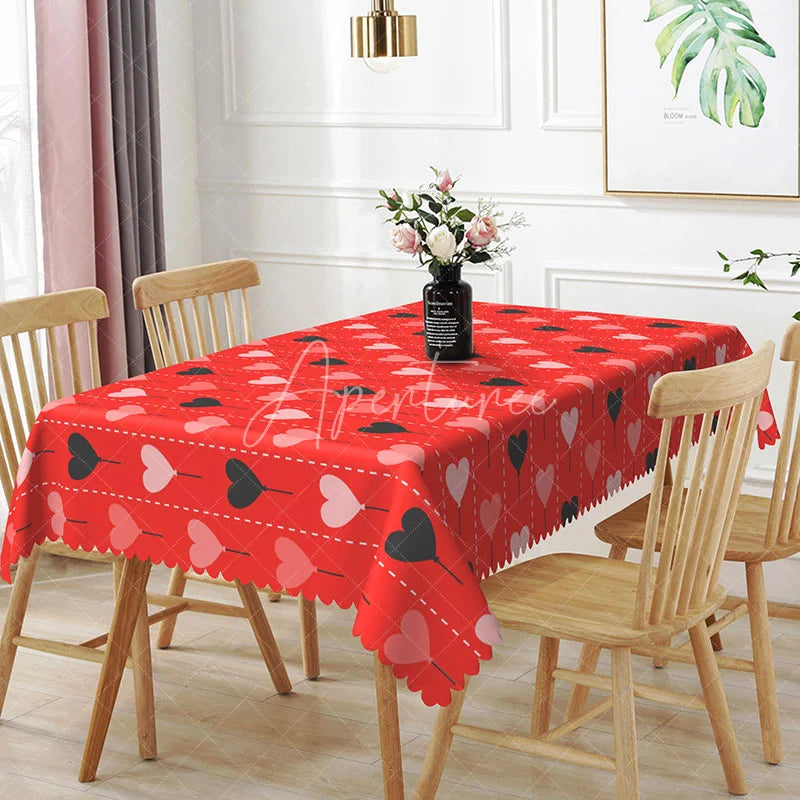 Aperturee - Aperturee Red Heart Balloon String Rectangle Tablecloth Cute Dotted Line Pattern Romantic Valentine Date Night Home Decor