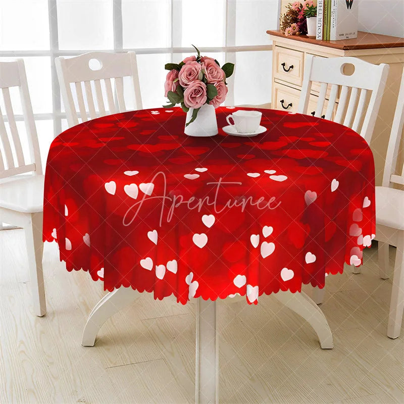 Aperturee - Aperturee Red Heart Bokeh Round Tablecloth Romantic Love Pattern Table Cover for Valentine Dinner