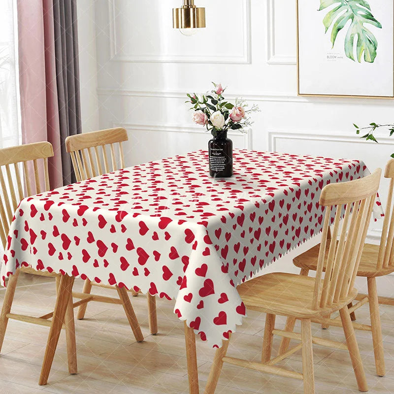 Aperturee - Aperturee Red Heart Confetti Rectangle Tablecloth Romantic Love Pattern on White Valentine Date Night Dining Decor