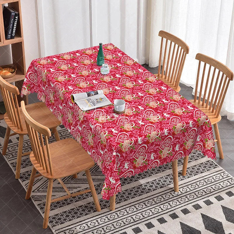 Aperturee - Aperturee Red Heart Floral Rectangle Tablecloth Romantic Rose Love Pattern Valentine Anniversary Kitchen Dining Decor